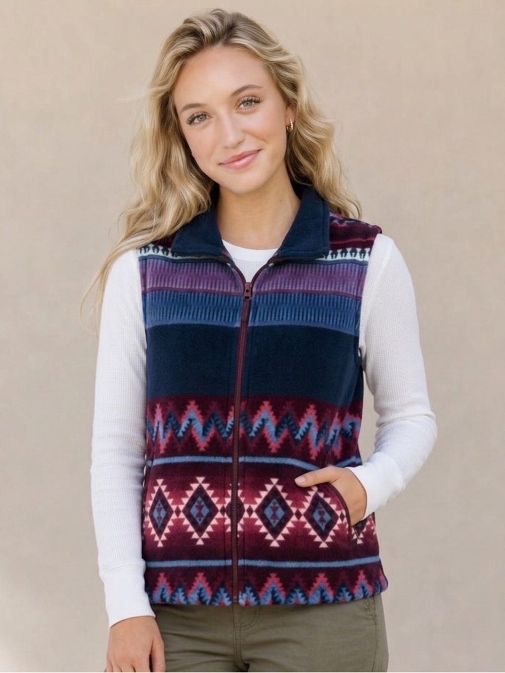 Blair Geometric-Western Zip-Up Fleece Vest in Navy, Burgundy & Dusty Blue